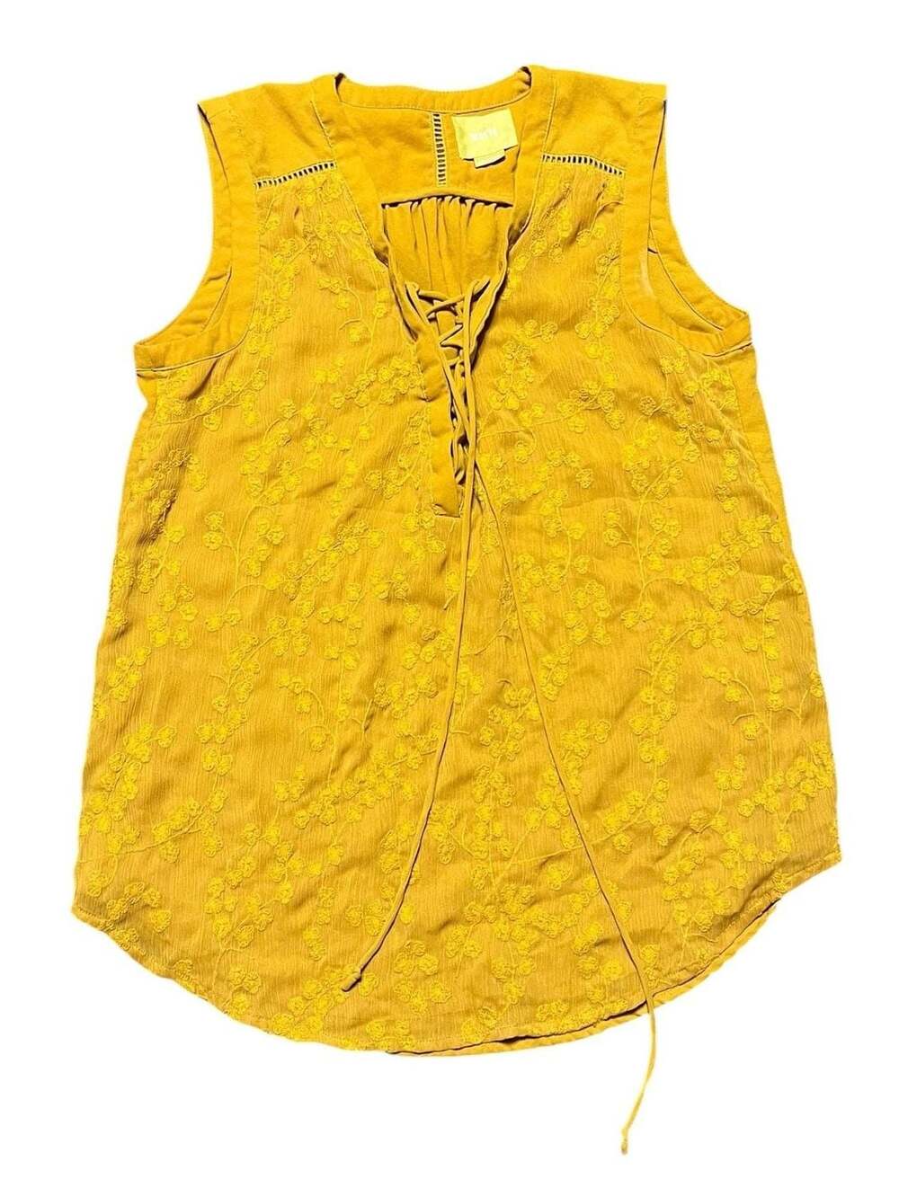 Anthropologie Maeve Mustard Yellow Embroidered Lace-Up Sleeveless Tank Top